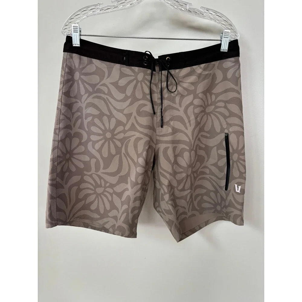 Vuori Cruise Boardshorts Mens 32 Driftwood Floral Swim Trunks V383 Brown Tan